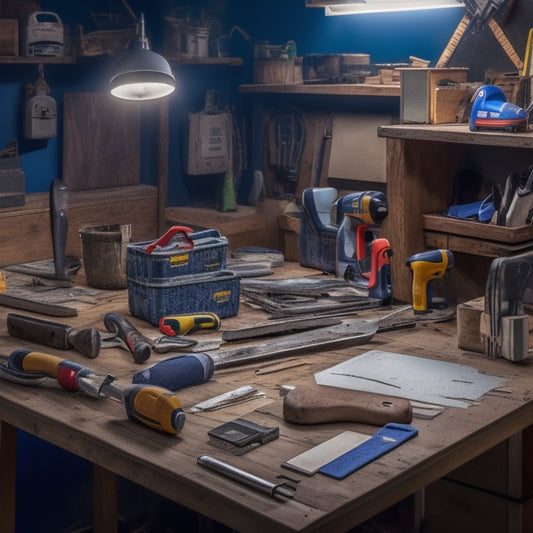 A cluttered workspace with a mix of standard household tools (e.g. hammer, pliers, screwdriver) scattered amidst specialized renovation tools (e.g. tile cutter, drywall saw, laser level) on a wooden workbench.