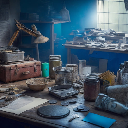 A messy workshop with scattered tools, a half-repaired wall, and a ladder in the background, surrounded by papers and blueprints, with a wallet and coins spilling out in the foreground.