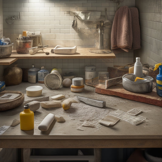 A cluttered workbench with various grouting tools, including a grout float, grout sponge, and grout sealer, surrounded by scattered grout samples, with a subtle background of a renovated bathroom.