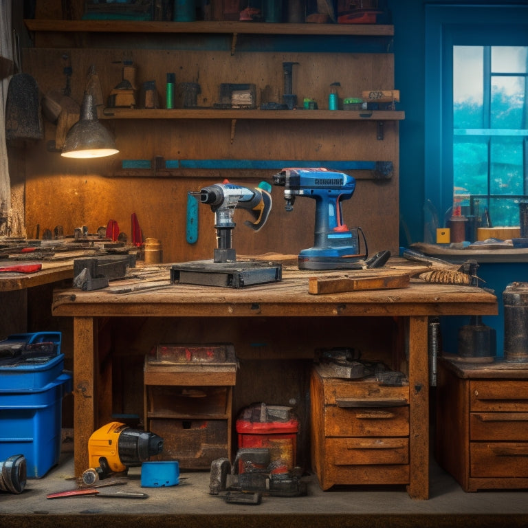 A cluttered workbench with a drill press, impact driver, cordless drill, hammer drill, and a variety of drill bits, saw blades, and sanding attachments, surrounded by renovation materials and tools.
