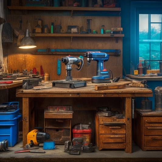 A cluttered workbench with a drill press, impact driver, cordless drill, hammer drill, and a variety of drill bits, saw blades, and sanding attachments, surrounded by renovation materials and tools.