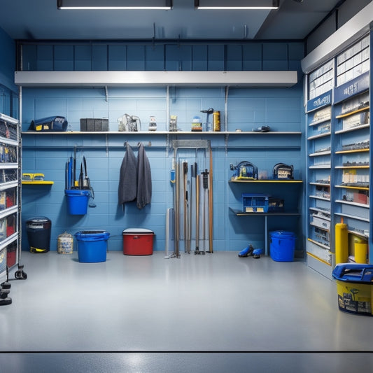 A well-lit, organized garage with a sleek, gray epoxy-painted floor, surrounded by tools and sports equipment, with a few paint cans and brushes in the foreground, against a clean, white background.