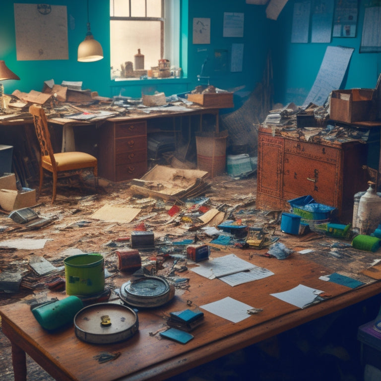 A messy room with renovation materials scattered around, surrounded by clocks and calendars, with a faint outline of a checklist on a clipboard in the center, amidst chaos and construction.