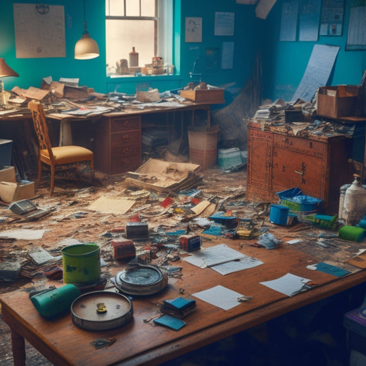 A messy room with renovation materials scattered around, surrounded by clocks and calendars, with a faint outline of a checklist on a clipboard in the center, amidst chaos and construction.