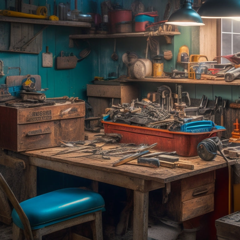 A cluttered workbench with a mix of generic and specialized tools, with a DIY project in the background, showcasing a partially renovated room with exposed wiring and pipes.