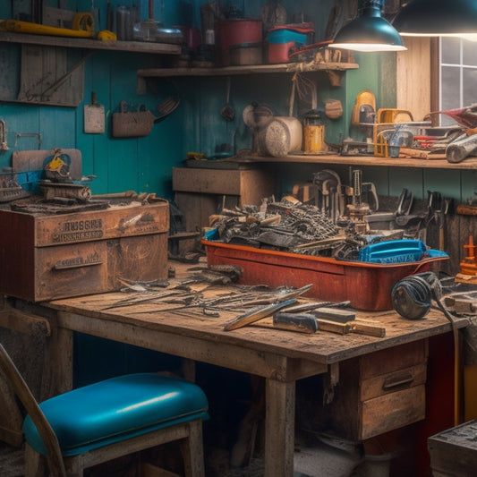 A cluttered workbench with a mix of generic and specialized tools, with a DIY project in the background, showcasing a partially renovated room with exposed wiring and pipes.