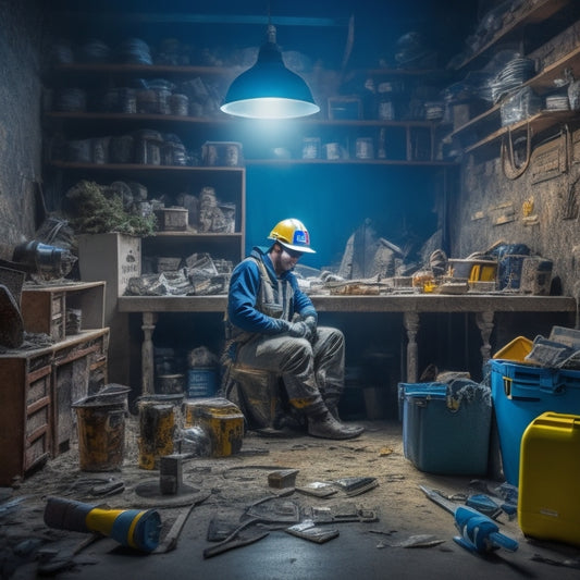 A cluttered, dimly lit room with scattered power tools, exposed wiring, and broken tiles, contrasted with a person in the corner wearing safety goggles, a hard hat, and a dust mask, surrounded by a tidy toolbox and a first-aid kit.