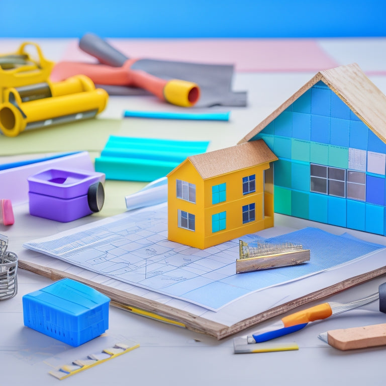 An illustration of a calendar or planner with colorful sticky notes, pens, and a miniature house model on top, surrounded by various renovation tools and materials, such as a hammer, tape measure, and blueprints.
