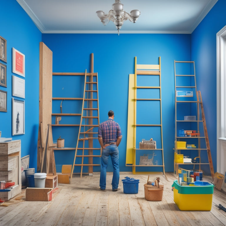 An illustration of a person standing in a half-renovated room, surrounded by paint swatches, blueprints, and construction tools, with a ladder and a hammer in the background.