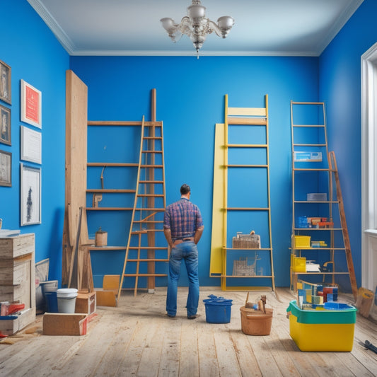 An illustration of a person standing in a half-renovated room, surrounded by paint swatches, blueprints, and construction tools, with a ladder and a hammer in the background.