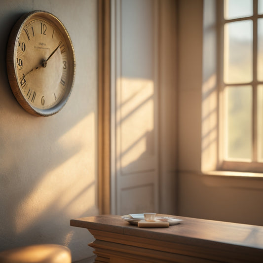 An image of a partially plastered wall with a clock in the foreground, set to 9:00 AM, with a warm and soft natural light pouring in through a nearby window.