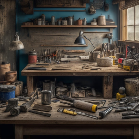 A cluttered workbench with a variety of hand tools, including a hammer, tape measure, level, pliers, wrench, and screwdrivers, surrounded by renovation materials like wood, nails, and drywall.