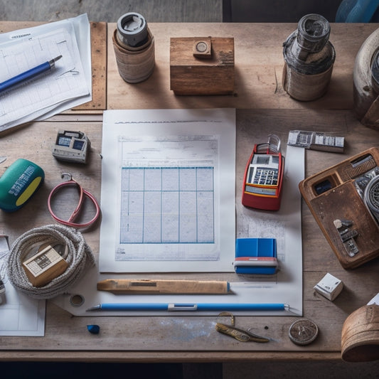 An organized workspace with a wooden table, a renovation tool belt, a tape measure coiled around a carpenter's pencil, a spirit level, and a calculator surrounded by scattered blueprints.