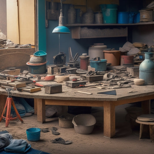 A cluttered workshop table with various trowels and floats arranged in a scattered, organized chaos, surrounded by renovation materials like cement, sand, and half-finished walls.