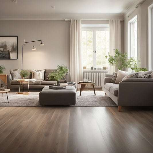 A serene, well-lit, modern living room with a newly renovated wooden floor, surrounded by sleek tools and equipment, with a few scattered dust particles and a subtle gradient of construction hues.