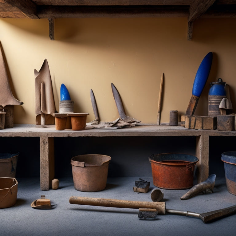 A collection of plastering bats in various sizes, laid out on a workbench, with a hammer, trowel, and mixing bucket in the background, amidst a DIY renovation setting with exposed walls.