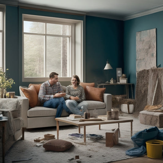 A serene, clutter-free living room with a partially demolished wall, a calm couple sitting on a couch, surrounded by organized renovation plans, color swatches, and a few carefully placed construction tools.