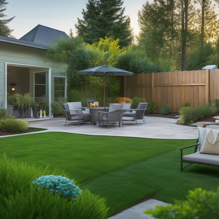 A serene backyard with a renovated exterior, featuring a modern patio, sleek outdoor furniture, and a lush green lawn, surrounded by a tidy construction zone with organized tools and materials.