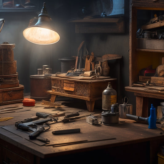 A cluttered workbench with a mix of new and refurbished tools, surrounded by scraps of wood, wires, and metal, with a subtle glow of a work lamp in the background, casting warm shadows.