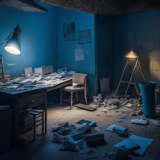 A cluttered, dimly lit room with half-demolished walls, scattered tools, and broken tiles, surrounded by torn blueprints and crumpled up sketches, with a lone, abandoned hammer lying in the center.