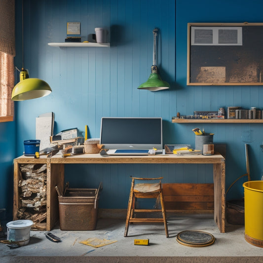 A clutter-free workspace with a partially painted wall, surrounded by various renovation tools: a level, tape measure, putty knife, sandpaper, and a bucket of joint compound, amidst a faint grid of pencil marks.