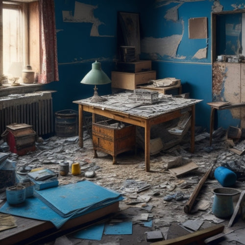 A cluttered, worn-out room with torn wallpaper, cracked tiles, and old furniture, transformed into a renovated space with a blueprint, calculator, and various renovation materials in the foreground.