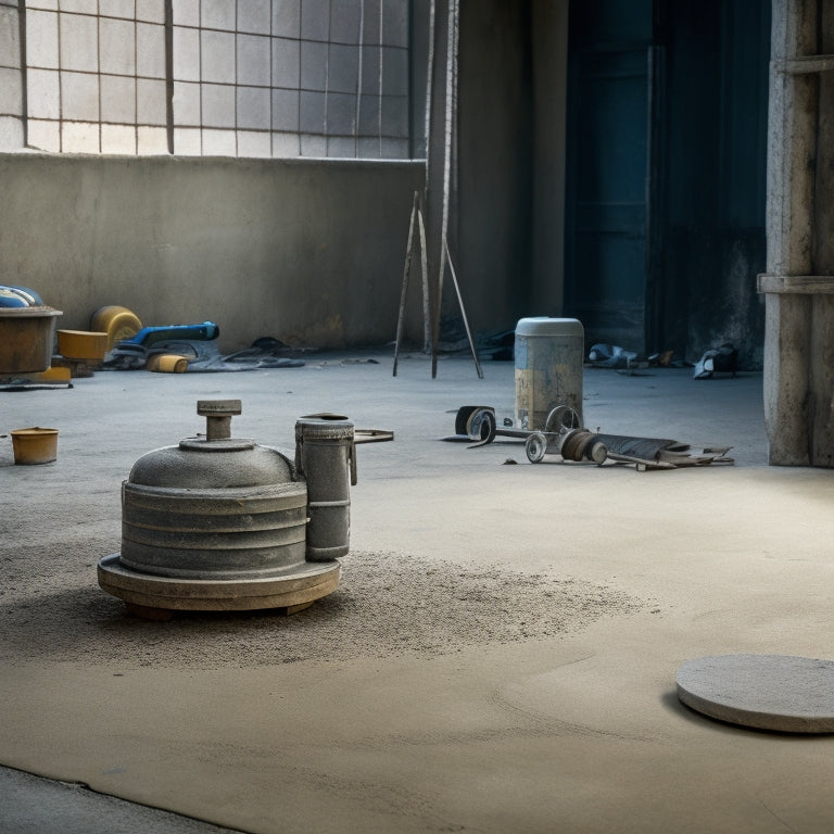 A dusty, worn-out concrete floor with cracks and imperfections; in the foreground, a used concrete grinder with scratches and faded paint, surrounded by scattered tools and renovation materials.