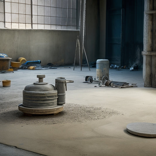 A dusty, worn-out concrete floor with cracks and imperfections; in the foreground, a used concrete grinder with scratches and faded paint, surrounded by scattered tools and renovation materials.