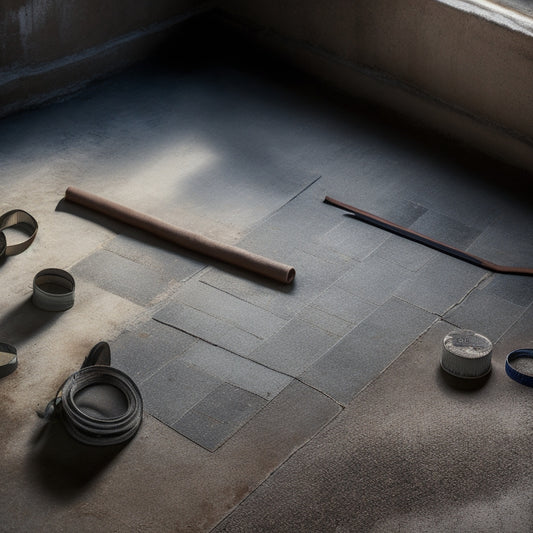 A worn, rusty screed lies on a dusty, concrete floor, surrounded by scattered tools and a measuring tape, with a faint grid pattern in the background, and a subtle gradient of light and shadow.