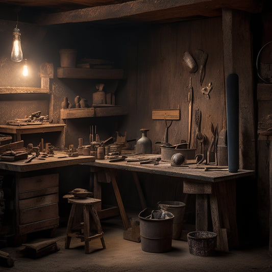 A dimly lit, rustic-chic workshop with a worn wooden workbench, scattered with various DIY plastering tools, including trowels, hawks, and joint knives, surrounded by half-finished plaster wall samples.