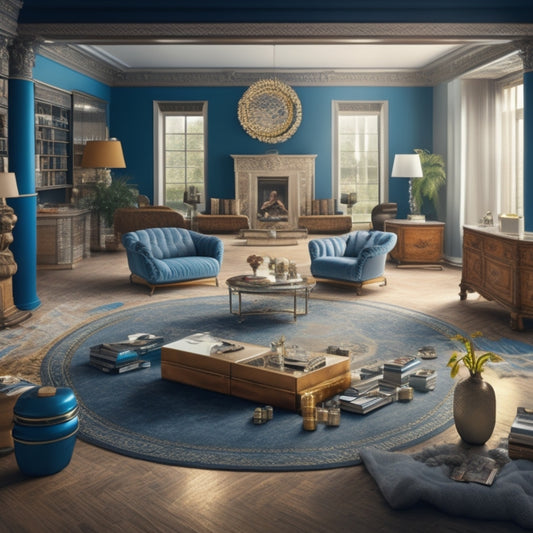 An illustration of a luxurious living room with a torn-out floor, revealing a breakdown of renovation costs, with stacks of coins and building materials surrounding a blueprint.