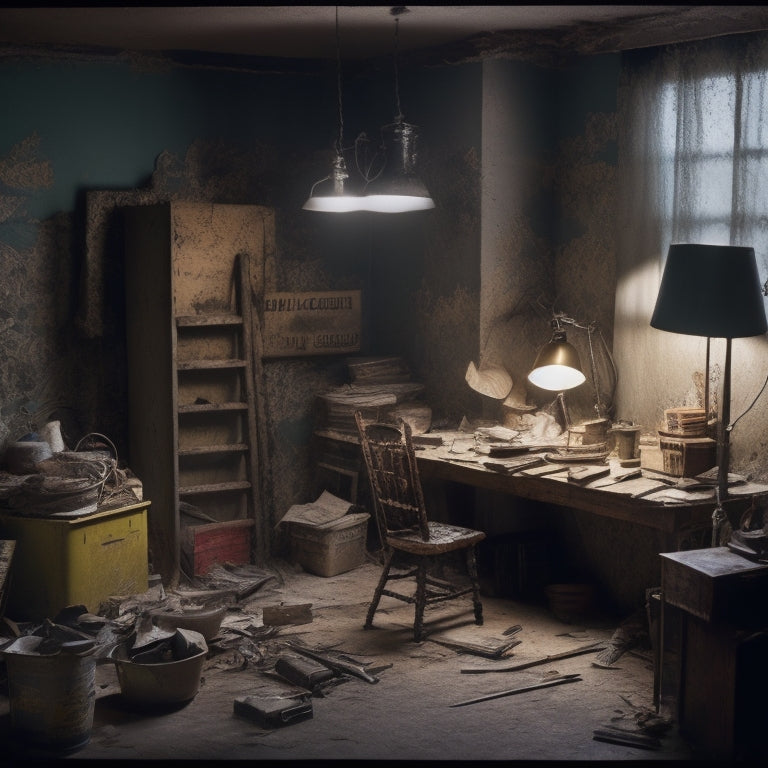 A cluttered, dimly lit room with scattered renovation tools and materials, surrounded by torn wallpaper, exposed wiring, and a ladder, with a single, newly installed light fixture shining brightly.