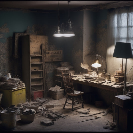 A cluttered, dimly lit room with scattered renovation tools and materials, surrounded by torn wallpaper, exposed wiring, and a ladder, with a single, newly installed light fixture shining brightly.