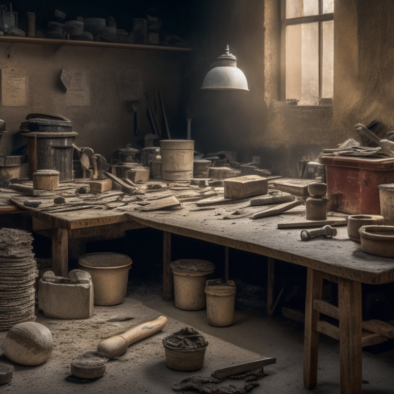 A cluttered workbench with various plastering hammers of different sizes and materials, surrounded by scattered plaster dust, scattered tools, and a partially plastered wall in the background.