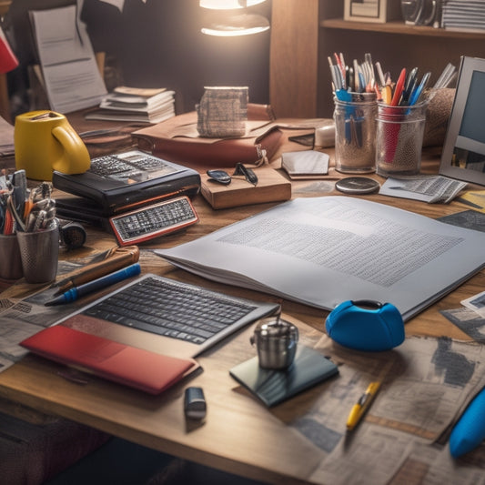 A cluttered home office with renovation plans, scattered papers, and a laptop open to a budgeting spreadsheet, surrounded by colorful pens, a calculator, and a wooden clipboard with a checklist.