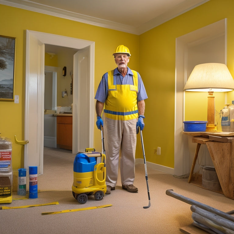 A senior citizen, wearing a yellow hard hat and holding a walker, stands in a partially renovated living room with caution tape, safety cones, and a first aid kit nearby, surrounded by renovation tools.