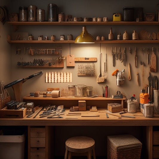 A cluttered but organized DIY workspace with a wooden workbench, scattered power tools, and a pegboard with hanging tools, set against a warm, beige background with subtle lighting.
