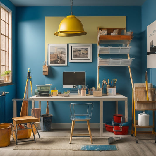 A tidy, organized workspace with paint swatches, color cards, and a bucket of paint surrounded by renovation tools like rollers, brushes, and ladders, set against a partially painted wall.
