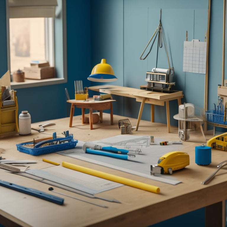 A clutter-free construction zone with a blueprint-laden table, a level, a tape measure, and a miniature 3D model of a renovated room, surrounded by neatly organized tools and materials.