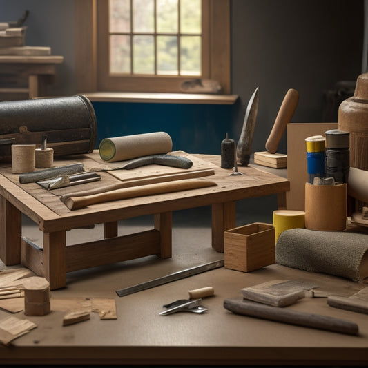 Image of a wooden workbench with various types of sandpaper rolls, sheets, and blocks arranged neatly, surrounded by renovation tools, woodworking instruments, and partially sanded wood samples in the background.
