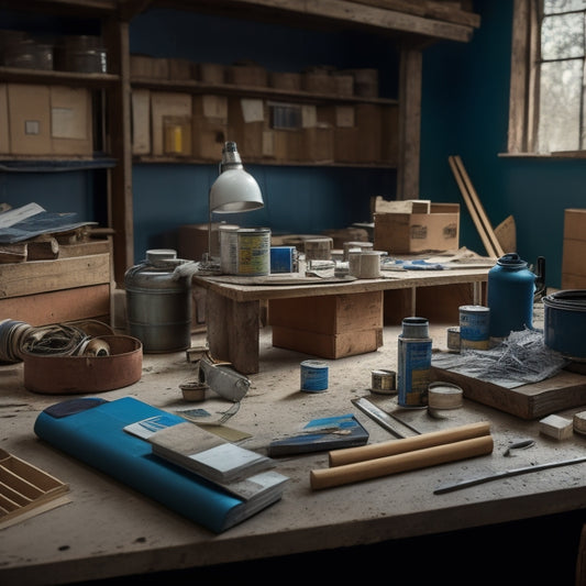 A cluttered workshop table with a tape measure, calculator, and scattered blueprints, surrounded by small stacks of lumber, tiles, and paint cans, with a faint background of a renovated room.