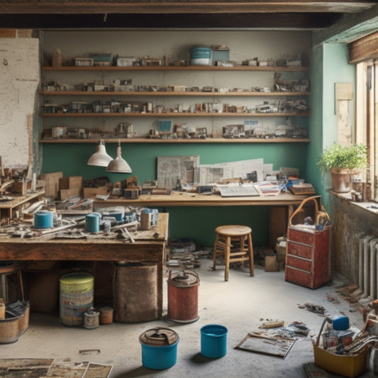 A cluttered but organized home renovation workspace with various materials like wooden planks, ceramic tiles, paint cans, and toolboxes, surrounded by a half-demolished wall and scattered blueprints.