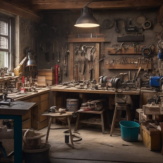 A cluttered, well-lit workshop with a wooden workbench in the center, surrounded by a cordless drill, impact driver, circular saw, tape measure, level, and a variety of wrenches and pliers.