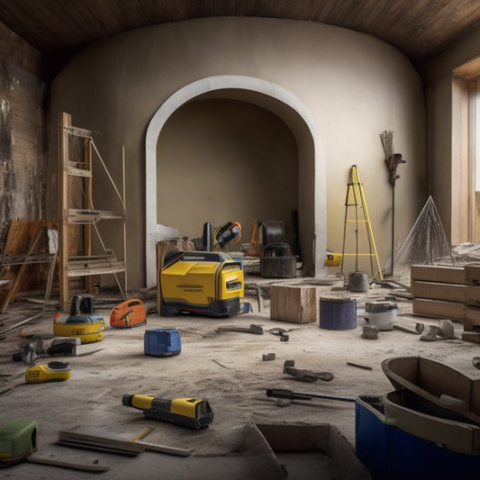 A messy construction site with various curved wall installation tools scattered around, including a laser level, a circular saw, and a stud finder, surrounded by half-installed curved wall panels.