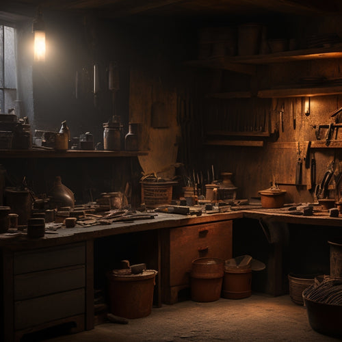 A dimly lit, rustic workshop with worn wooden shelves, surrounded by scattered plastering tools and materials, with a few high-quality tools standing out in sharp focus, amidst the clutter.