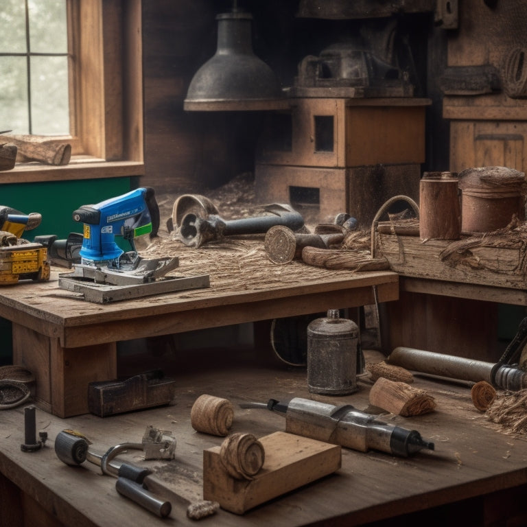 A cluttered workbench with a circular saw, drill press, impact driver, and miter saw, surrounded by scattered wood shavings, measuring tapes, and half-opened toolboxes, set against a worn, wooden background.