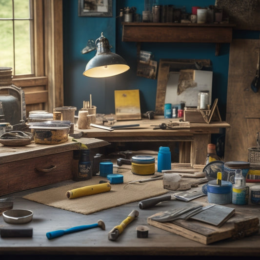 A cluttered, yet organized, workshop table with various DIY tools and materials, including a hammer, level, paint swatches, and reclaimed wood planks, surrounded by inspirational renovation magazines.