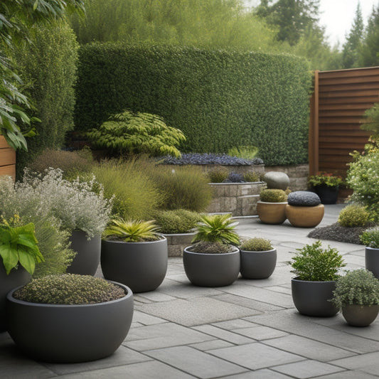A serene backyard scene with a mix of large and small modern planters in various materials (concrete, ceramic, wood) and styles, amidst lush greenery, surrounded by natural stone pavers.