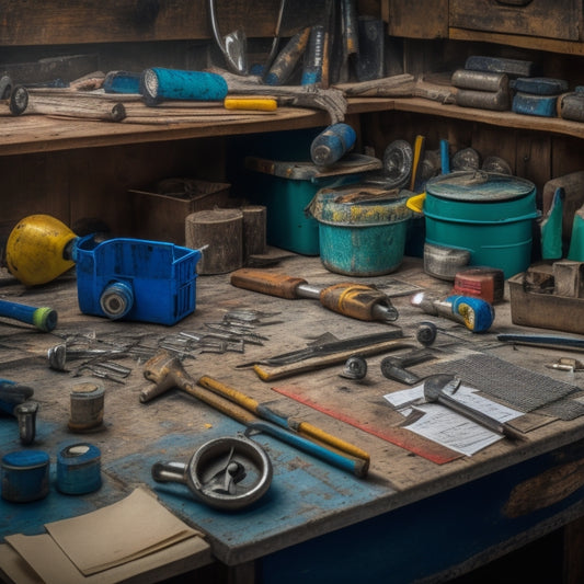 A cluttered workshop table with a mix of new and worn tools, including a hammer, tape measure, level, drill, and wrench, surrounded by rolls of blueprints, scattered screws, and a partially disassembled cabinet.