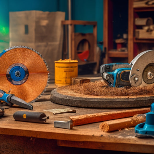 An image of a worn, rusty circular saw blade next to a new, sharp one, surrounded by scattered wood shavings and a few renovator's tools on a wooden workbench.